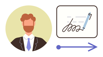 Man in suit and tie next to document signature. Ideal for business, approval, contracts, professionalism, management, legal work, authorization. Clean simple flat metaphor