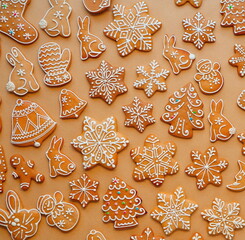 Gingerbread Cookies Festive Decorative Assorted Top View Warm Color Photography. Christmas Holiday...