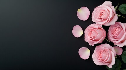 A beautiful flat lay of pink roses and petals on a black background with a space for a heartfelt message for friends