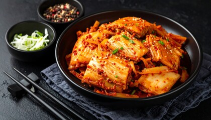 Fried kimchi with meat onions and spices. Traditional Korean food 