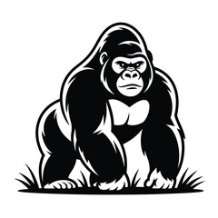 Black and white vector illustration of a gorilla in grass primate animal