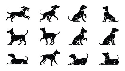 Twelve black dog silhouettes in various poses and actions white background animal