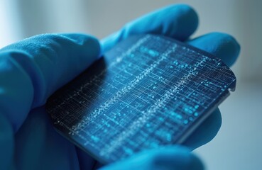 Close up photo shows hand in blue glove holding a solar cell. Detailed view of wafers and crystals. Tech and energy innovation. Clean background with soft light.