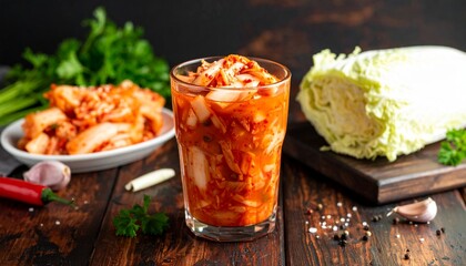 Glass of Kimchi and ingredients on dark wood 