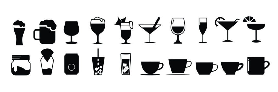 Collection of black beverage icons on white background beer glass beer mug