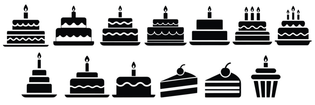 Collection of black cake and cupcake icons with candles and cherry birthday celebration