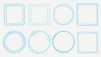 Collection of eight light blue hand-drawn decorative frames and borders sketch