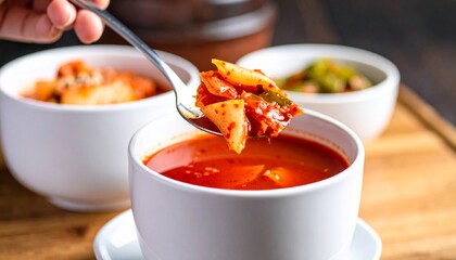 Hand using spoon scooping spicy kimchi soup and vegetable pickle on cup 