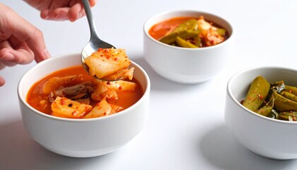 Hand using spoon scooping spicy kimchi soup and vegetable pickle on cup 