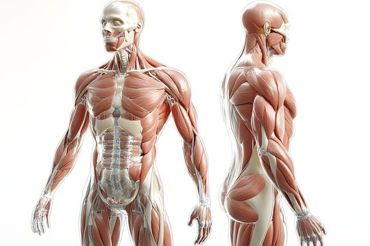 stylized 3D human anatomy diagram, muscles semi-transparent to reveal internal organ systems
