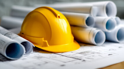 Yellow protective construction helmet placed on detailed architectural blueprints with rolled-up project plans surrounding it on a wooden desk surface