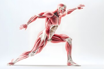 stylized 3D human anatomy diagram, muscles semi-transparent to reveal internal organ systems
