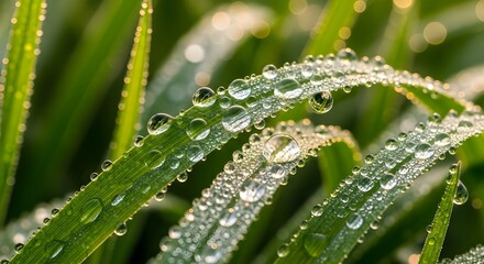 Dewdrops on Green Grass Blades