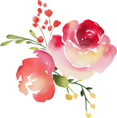 Watercolor flowers, leaves and buds arrangement on isolated background