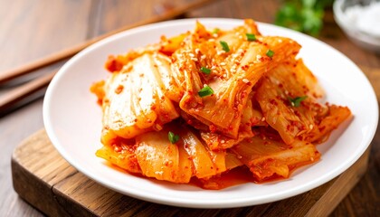 Kimchi cabbage. Korean appetizer on a white plate, square. 