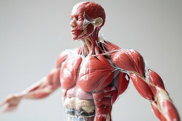 stylized 3D human anatomy diagram, muscles semi-transparent to reveal internal organ systems
