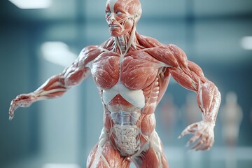 stylized 3D human anatomy diagram, muscles semi-transparent to reveal internal organ systems
