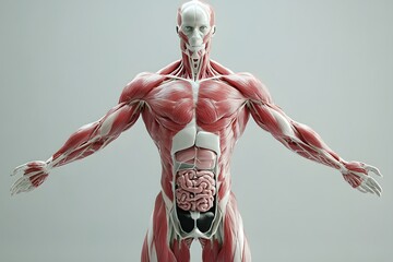 stylized 3D human anatomy diagram, muscles semi-transparent to reveal internal organ systems
