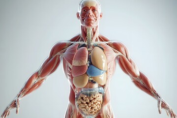 stylized 3D human anatomy diagram, muscles semi-transparent to reveal internal organ systems
