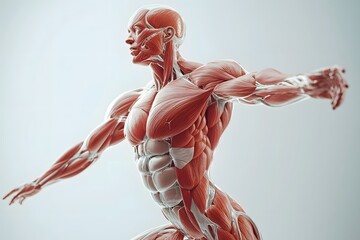 stylized 3D human anatomy diagram, muscles semi-transparent to reveal internal organ systems

