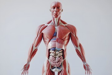 stylized 3D human anatomy diagram, muscles semi-transparent to reveal internal organ systems
