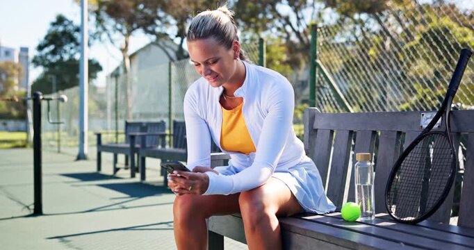 Tennis, happy and woman with phone for rest, break and online for workout app, social media and internet. Fitness, sports and person on smartphone for training, exercise update and practice for game