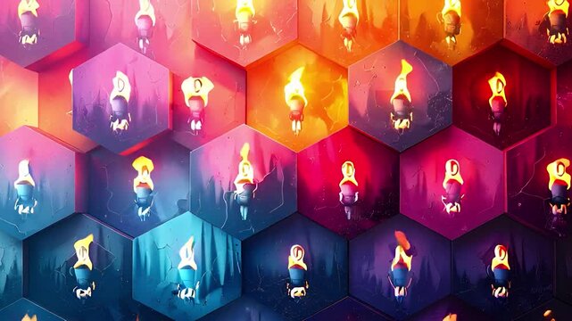 A conceptual digital illustration of a glowing honeycomb network with each hexagonal cell holding a fiery, torch-like entity