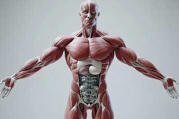 stylized 3D human anatomy diagram, muscles semi-transparent to reveal internal organ systems
