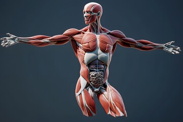 stylized 3D human anatomy diagram, muscles semi-transparent to reveal internal organ systems
