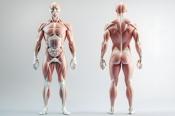 stylized 3D human anatomy diagram, muscles semi-transparent to reveal internal organ systems
