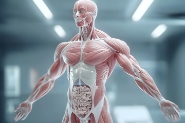 stylized 3D human anatomy diagram, muscles semi-transparent to reveal internal organ systems
