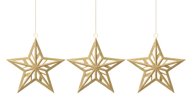 Golden stars hanging for festive celebration decor and holiday season, isolated on white background.