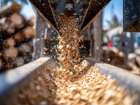 Wood chips falling from industrial conveyor with blurred timber logs in background and dynamic motion in outdoor processing facility - Powered by Adobe