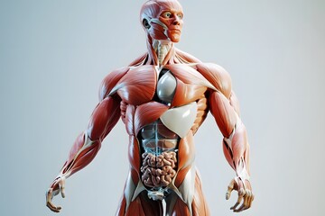 stylized 3D human anatomy diagram, muscles semi-transparent to reveal internal organ systems

