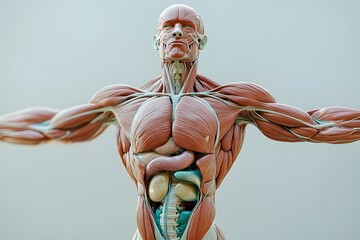 stylized 3D human anatomy diagram, muscles semi-transparent to reveal internal organ systems
