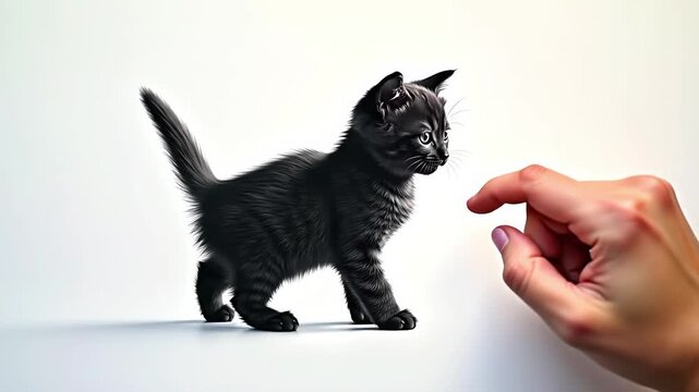 A small gray kitten interacts with a human hand, which is gently touching its mouth. Colorful splashes of paint surround them, creating a playful atmosphere.