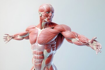 stylized 3D human anatomy diagram, muscles semi-transparent to reveal internal organ systems
