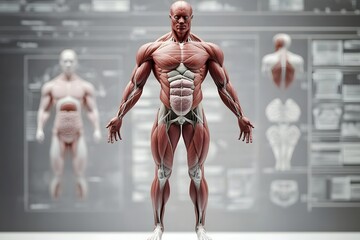 stylized 3D human anatomy diagram, muscles semi-transparent to reveal internal organ systems
