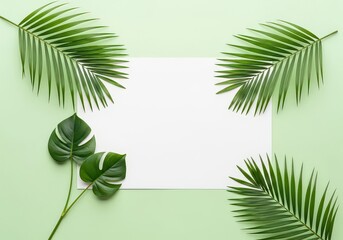 Obraz premium Tropical Leaves Frame with Blank Paper on Light Green Background