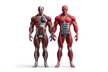 stylized 3D human anatomy diagram, muscles semi-transparent to reveal internal organ systems
