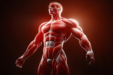 stylized 3D human anatomy diagram, muscles semi-transparent to reveal internal organ systems
