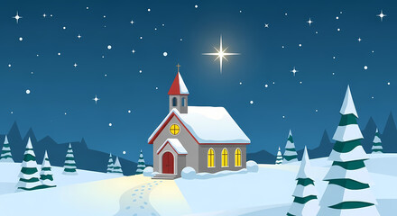 Illustration of a small church covered in snow under the night sky, symbolizing peace and Christmas spirit.