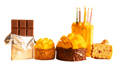 Vibrant sweet treats duo with chocolate and fruit cakes isolated on transparent background.