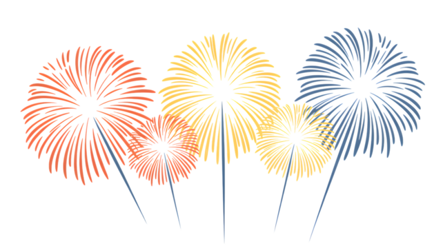 Fireworks explode in a celebratory display of color and light, isolated on white background.