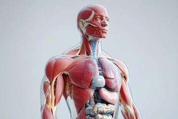 stylized 3D human anatomy diagram, muscles semi-transparent to reveal internal organ systems
