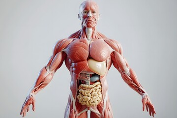 stylized 3D human anatomy diagram, muscles semi-transparent to reveal internal organ systems
