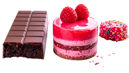 Vibrant sweet treats duo with chocolate and birthday cakes isolated on transparent background.