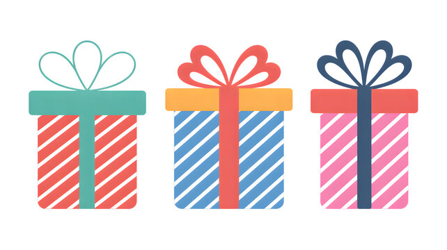 Brightly wrapped gift boxes ready for celebration and joy, isolated on white background.