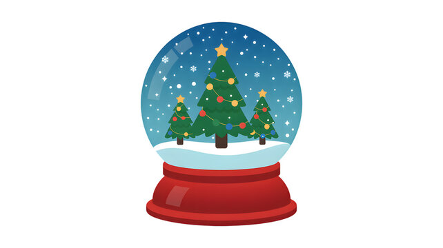 Christmas snow globe with festive trees and falling snowflakes, isolated on white background.