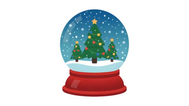 Christmas snow globe with festive trees and falling snowflakes, isolated on white background.